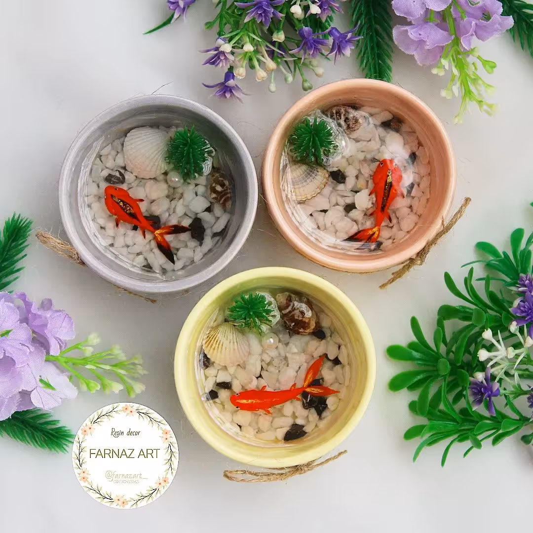 حوضچه مینیاتوری هفت سین ماهی سه بعدی رزینی دستساز رنگ پاستیلی 