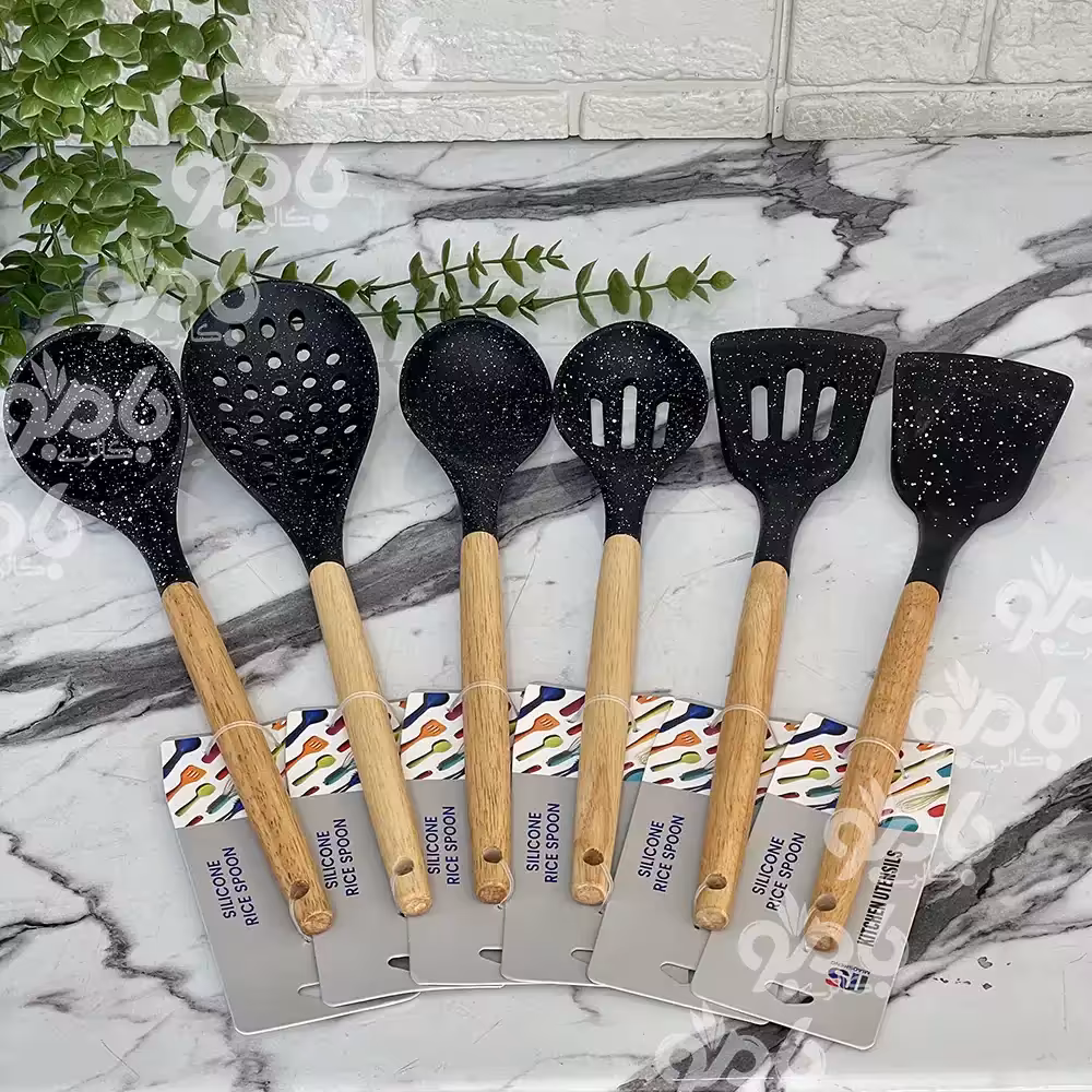 کفگیر و ملاقه سیلیکونی خال خال دسته تمام چوب