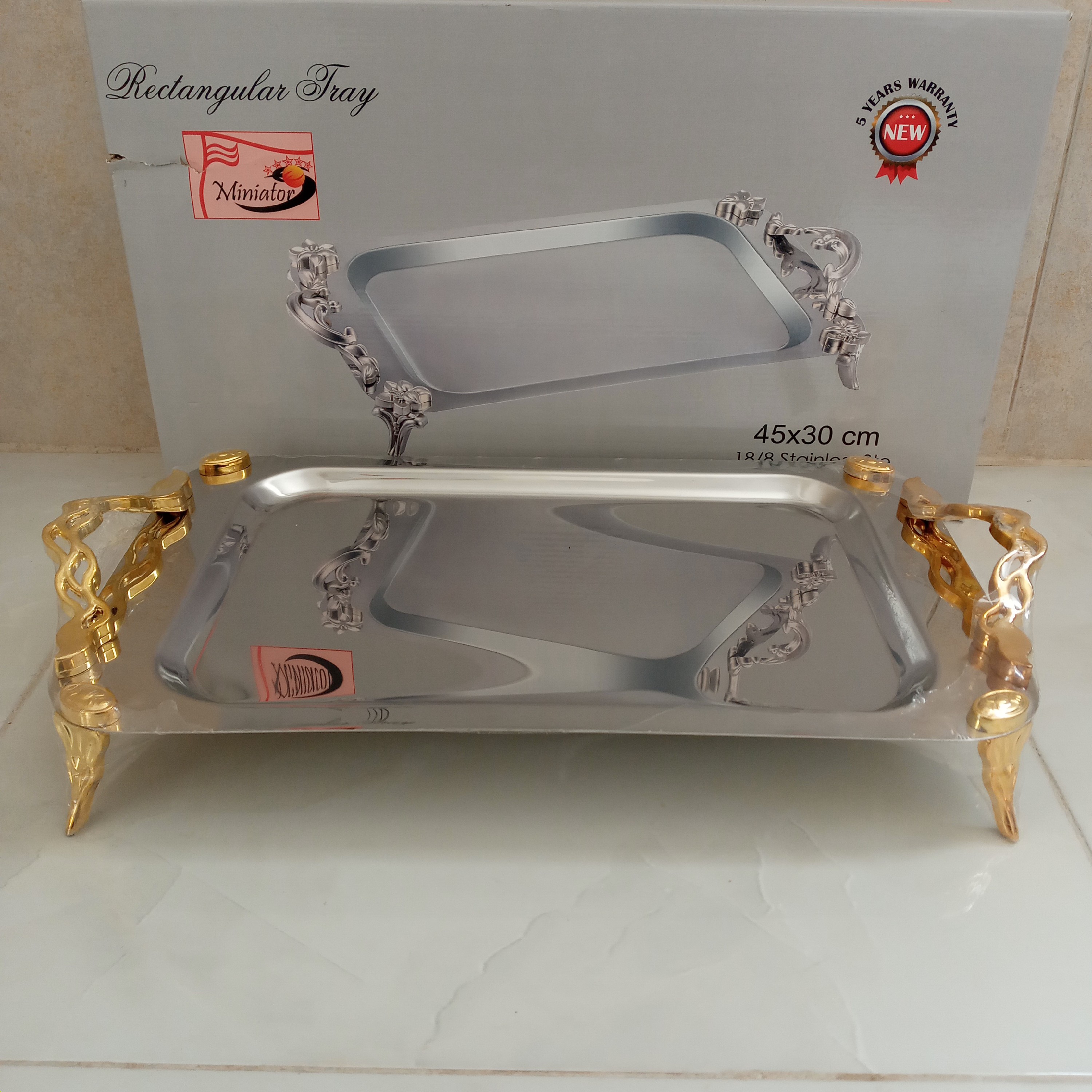 سینی مستطیل استیل دسته طلایی 45در 30 سانتی متر Stainless ste 188