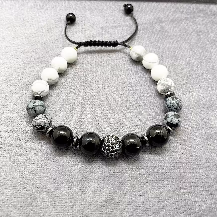 دستبند سنگ عقیق و آبسدین و هائولیت و گوی سواروسکی