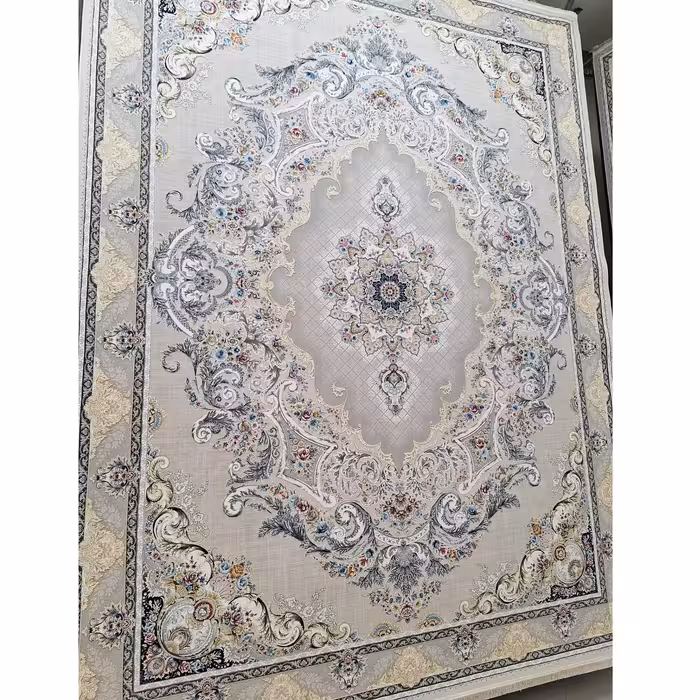 فرش ماشینی 1200 شانه گل برجسته اصل تراکم 3600 طرح پرند  زمینه صدفی 12 متری جنس اکرولیک