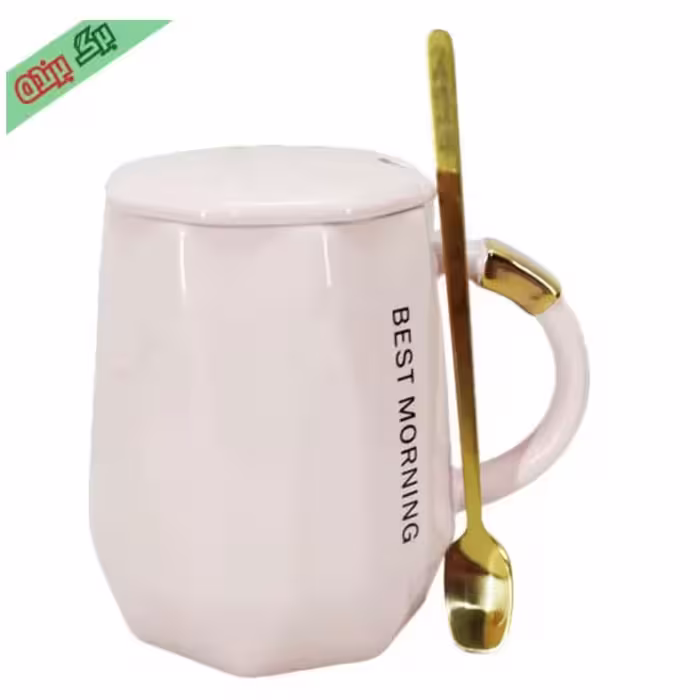 ماگ سرامیکی درب دار چند ضلعی قاشق طلایی