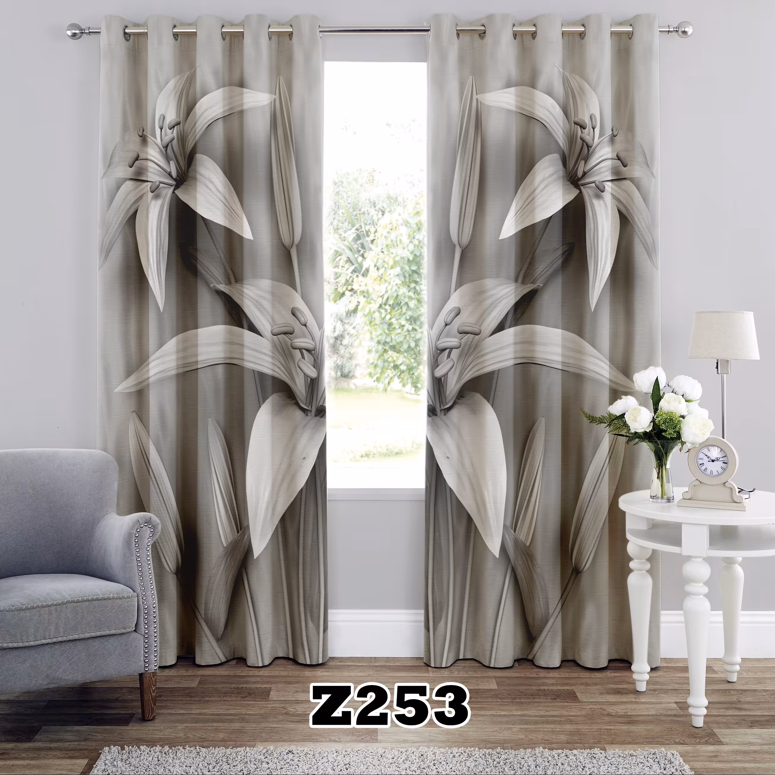 پرده چاپی طرح گل کد Z253 تک قواره ارتفاع 300 عرض 140 سانت