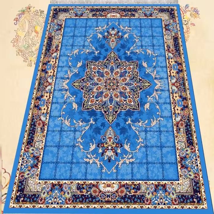 گلیم فرش ماشینی کاشان طرح  هیوا آبی سایز 6متری(2 در 3)