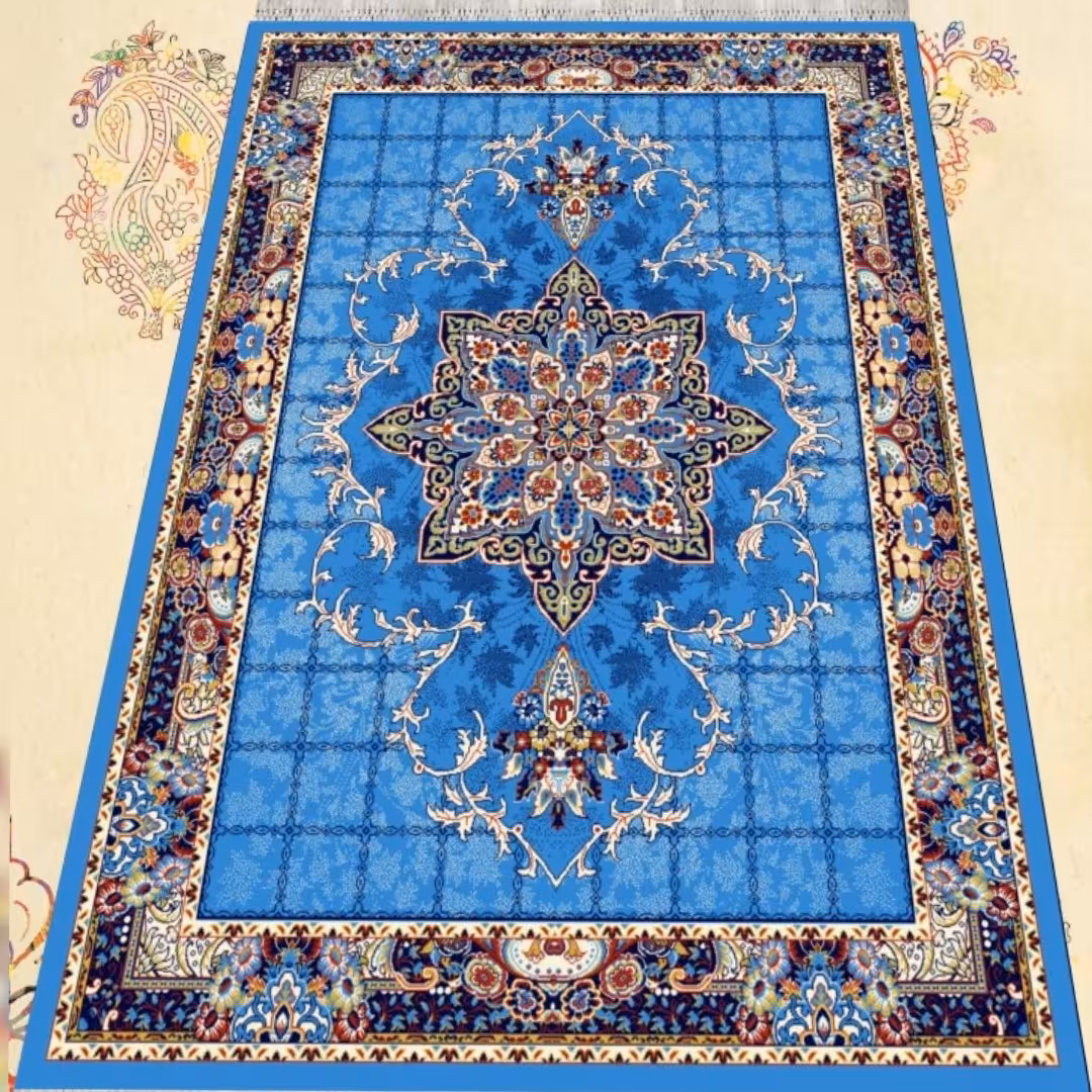 گلیم فرش ماشینی کاشان طرح  هیوا آبی سایز 6متری(2 در 3)