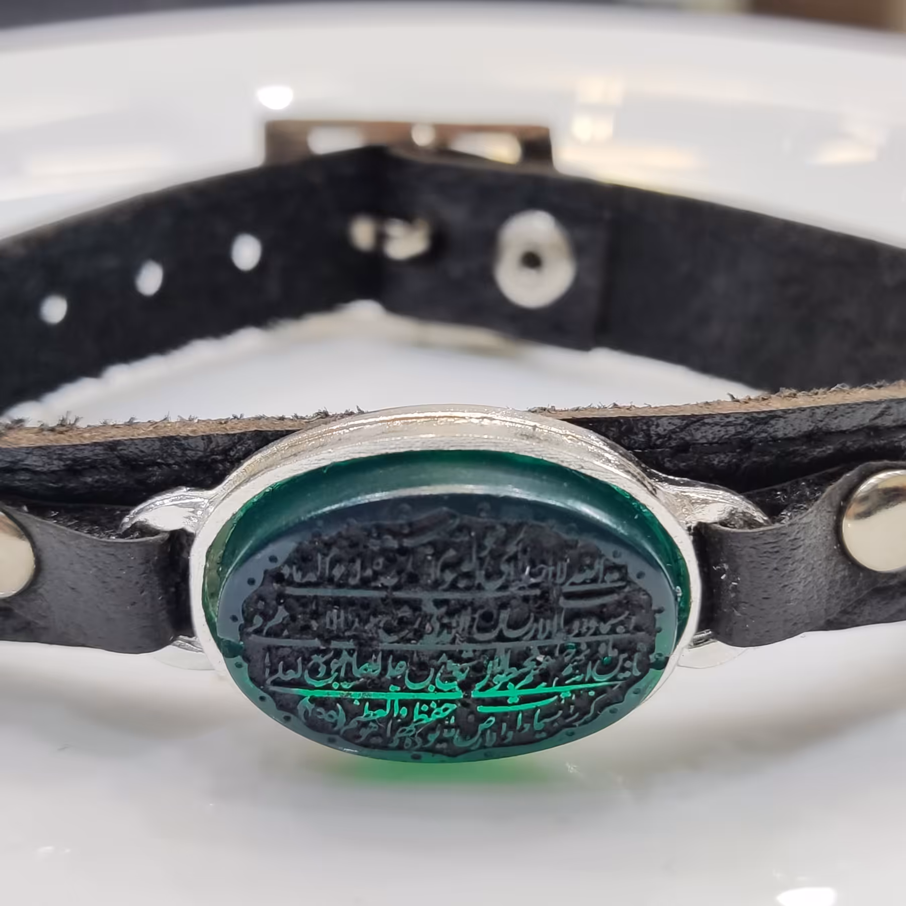 دستبند چرمی نگین حکاکی آیت الکرسی کد02