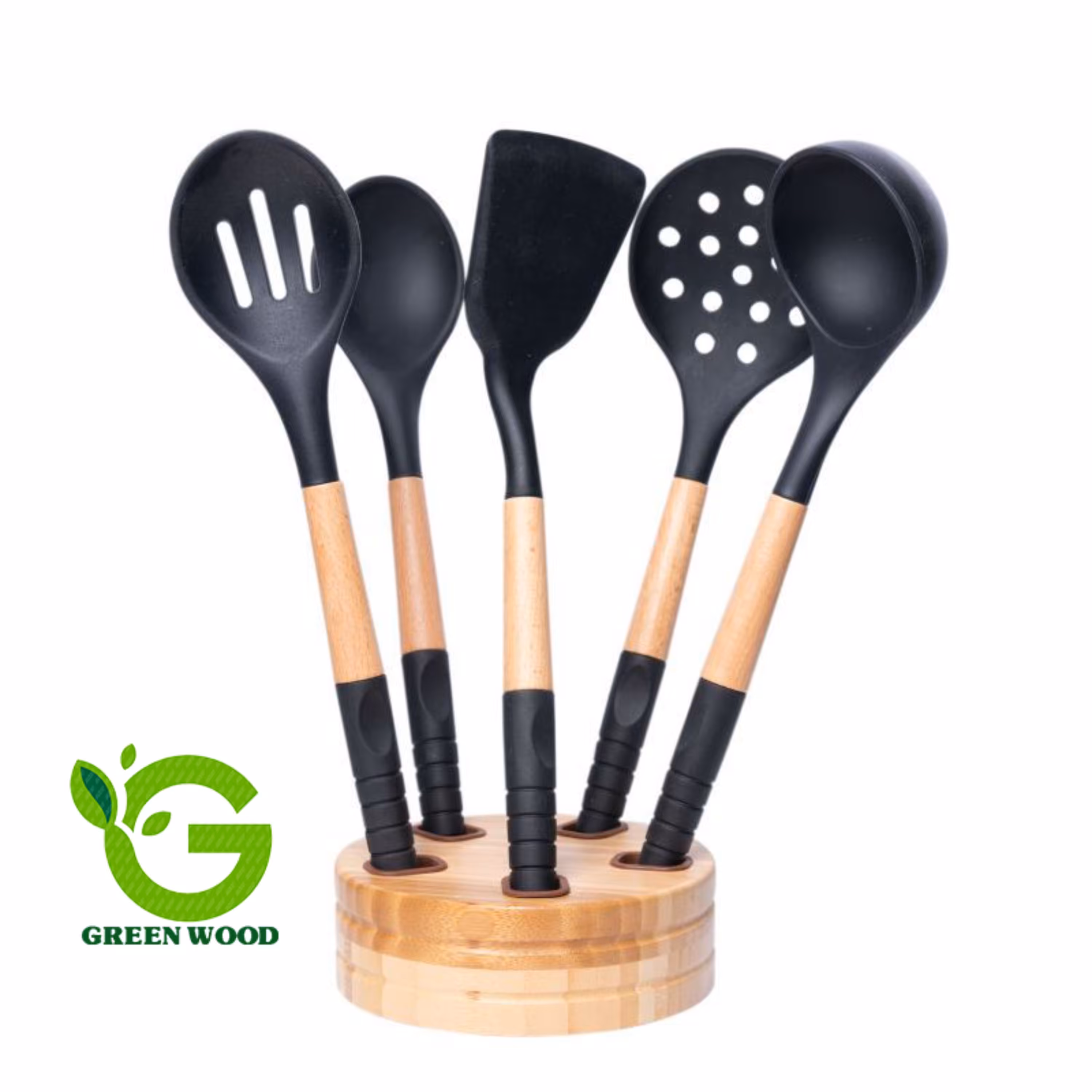 سرویس کفگیر و ملاقه 6 پارچه سیلیکونی دسته بامبو شنگیا مدل Black کدGw 40104004