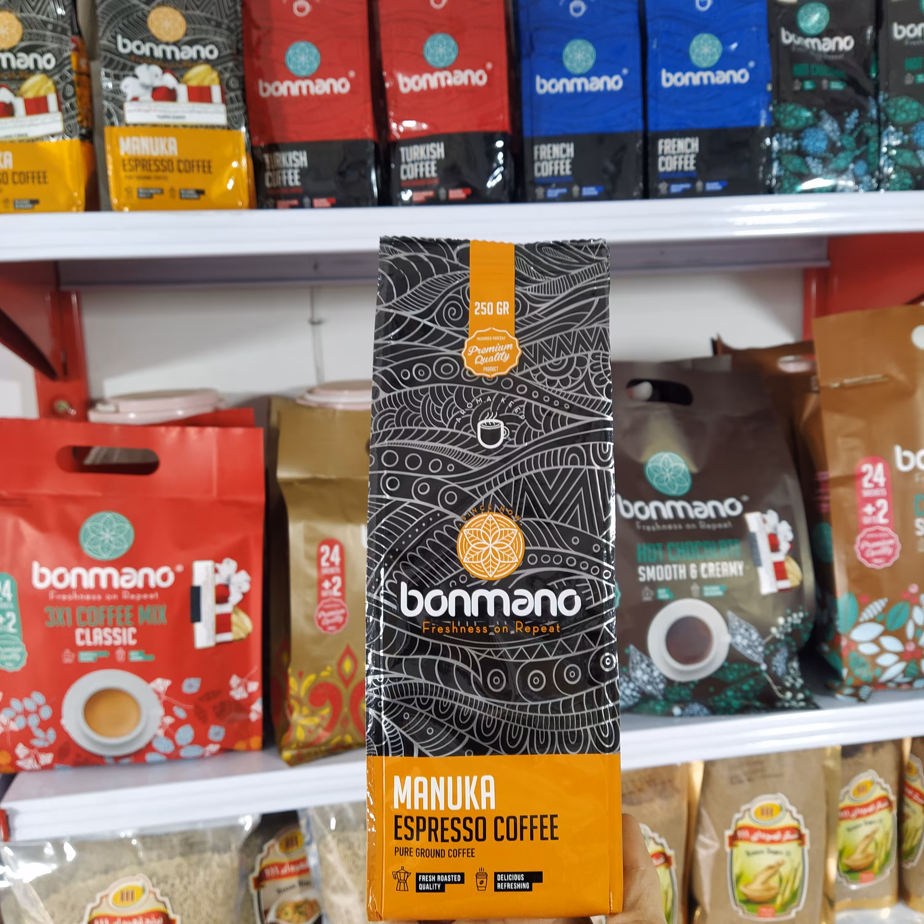 قهوه اسپرسو مانوکا بن مانو بسته بندی 250 گرمی