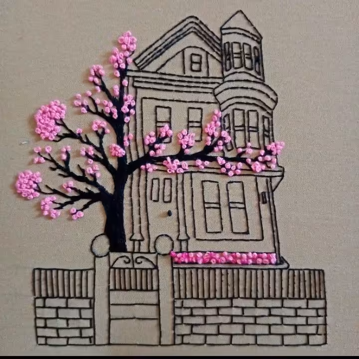 گلدوزی‌طرح‌کلبه روی تابلو بوم درابعاد 30در30 قابل نصب روی دیوار