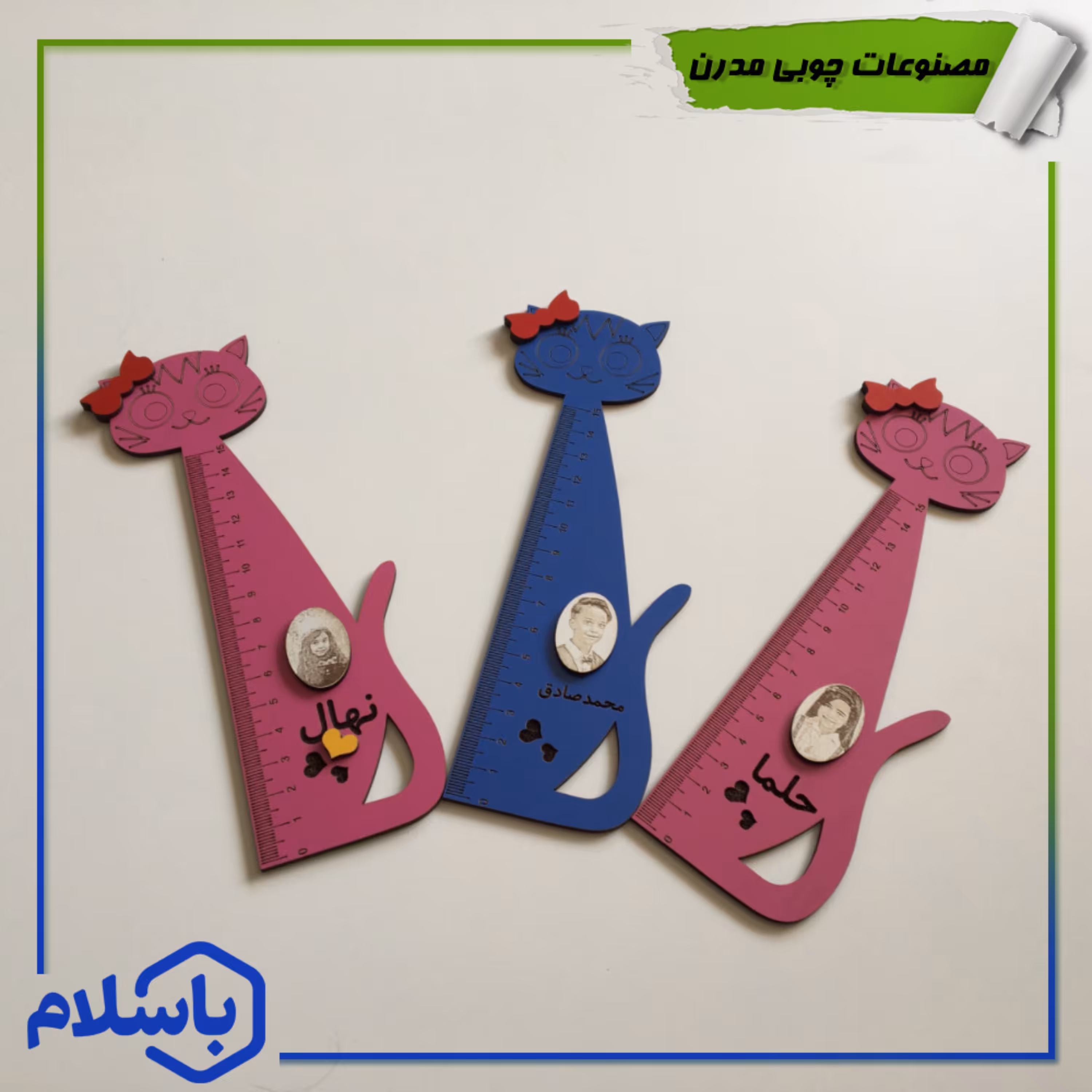 خط کش چوبی طرح گربه با حک اسم و چهره