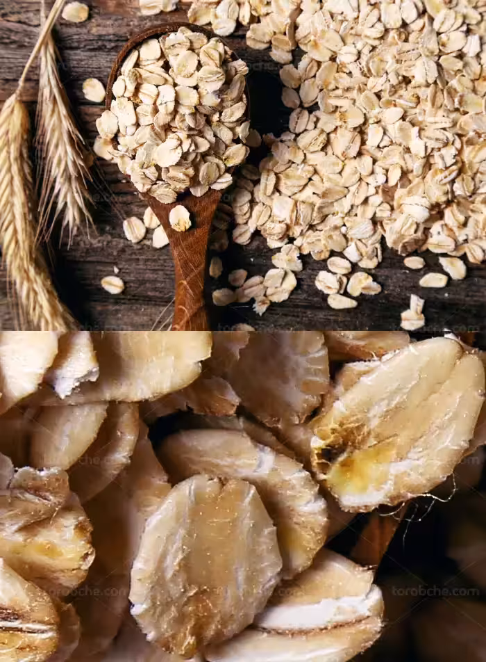 عکس با کیفیت گندم پرک شده با بکگراند چوبی - گرافیک با طعم تربچه