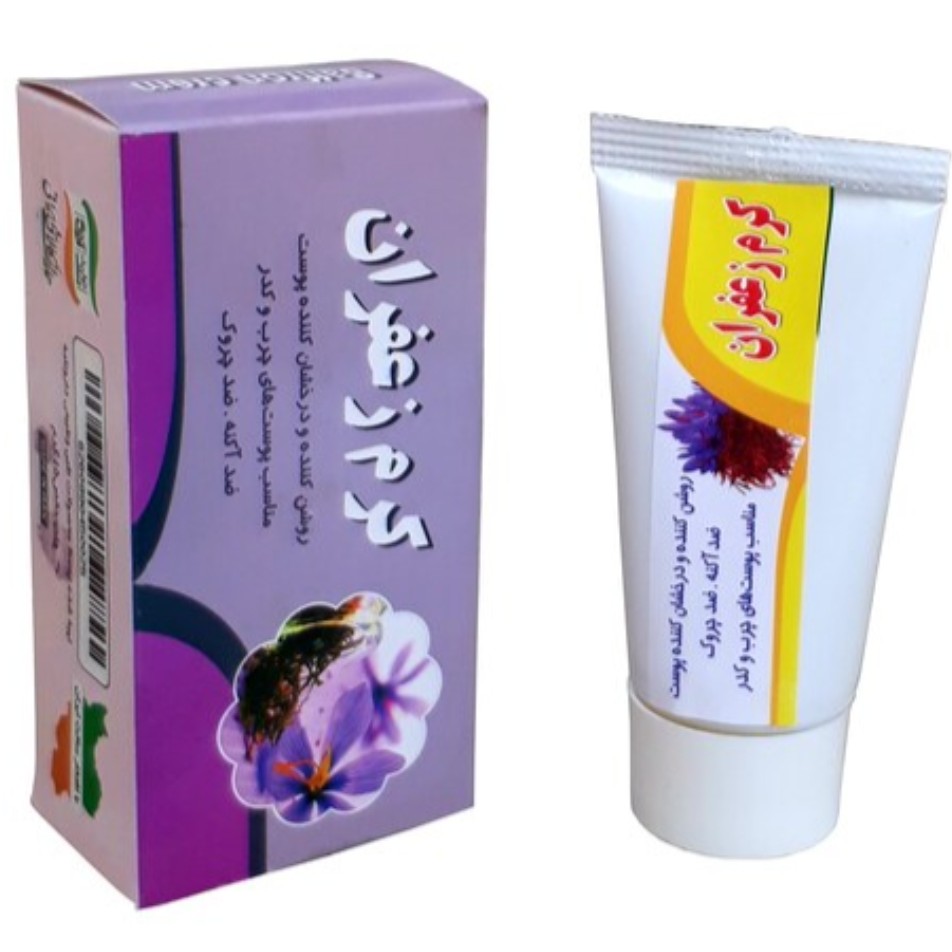 کرم زعفران پماد زعفرون روغن بادام و ویتامین E، روغن زعفران، عسل، عرق آلوئه ورا، بابونه و شاطره ضد لک ، ضد آکنه ،ضد آفتاب