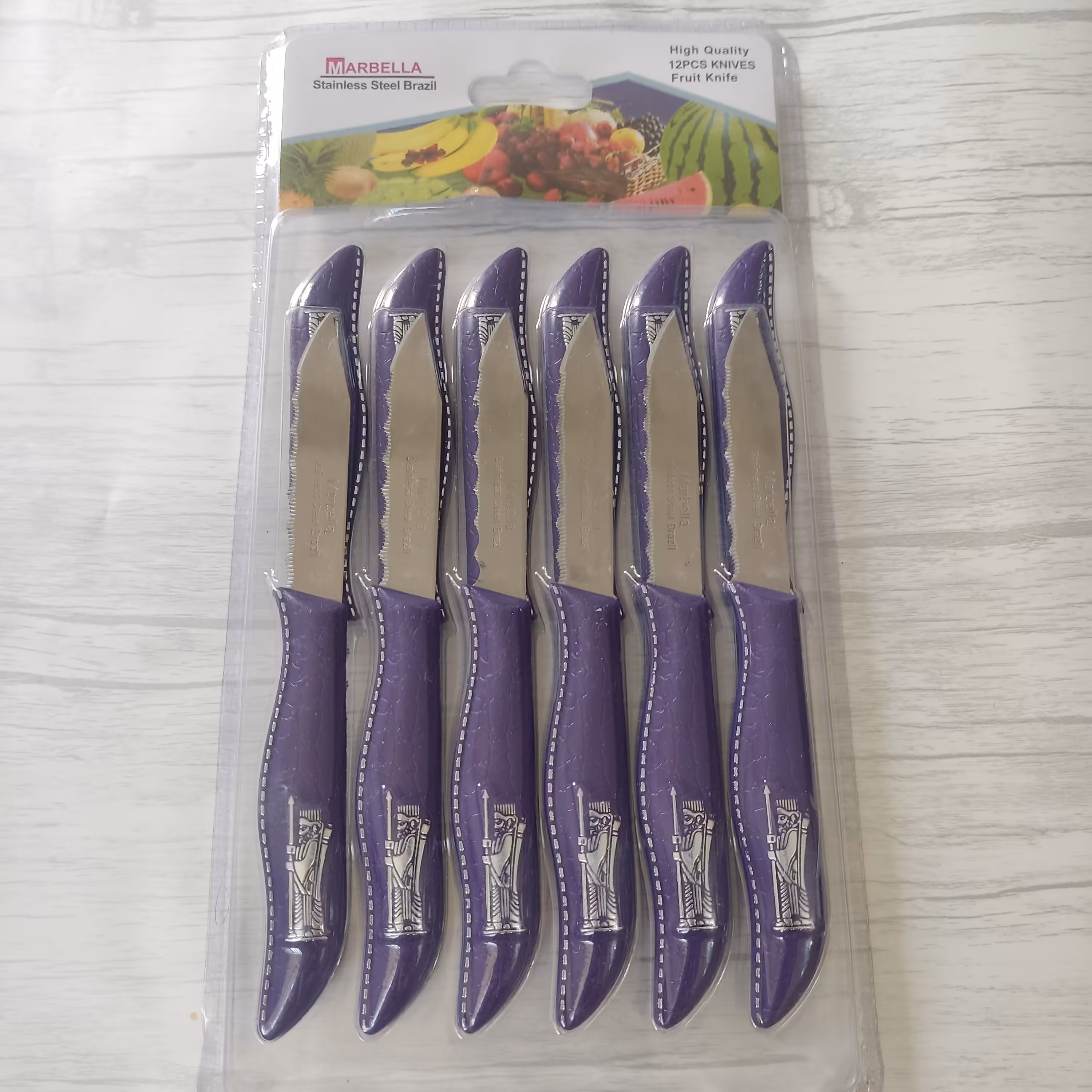 چاقو میوه خوری 12عددی مارک ماربلا طرح هخامنشی برجسته.تیغه استیل.دسته پلاستیک فشرده  برزیل(چاقو)طول16سانت.امپراتوری.بنفش