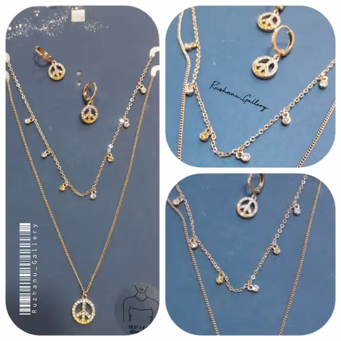 نیمست گردنبند دو ردیفه اویزدار نگینی با گوشواره مدل چفتی نگینی