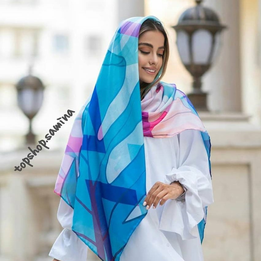 روسری زنانه نخی آبی صورتی قواره 135