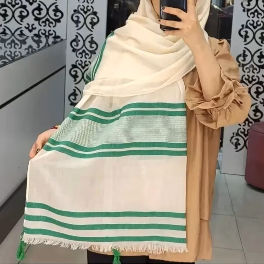 شال نخی لنین ریشه سوزنی منگوله دار طرح ساده وارداتی