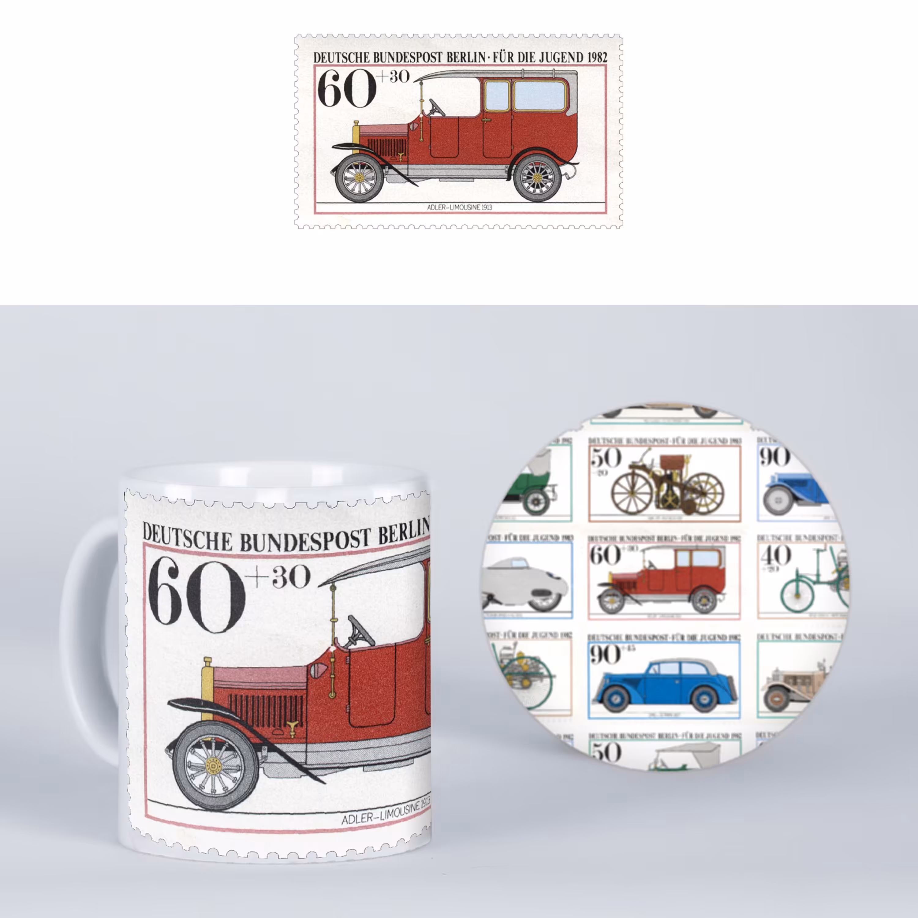 ماگ سرامیکی و زیرلیوانی طرح تمبر ماشین قرمز