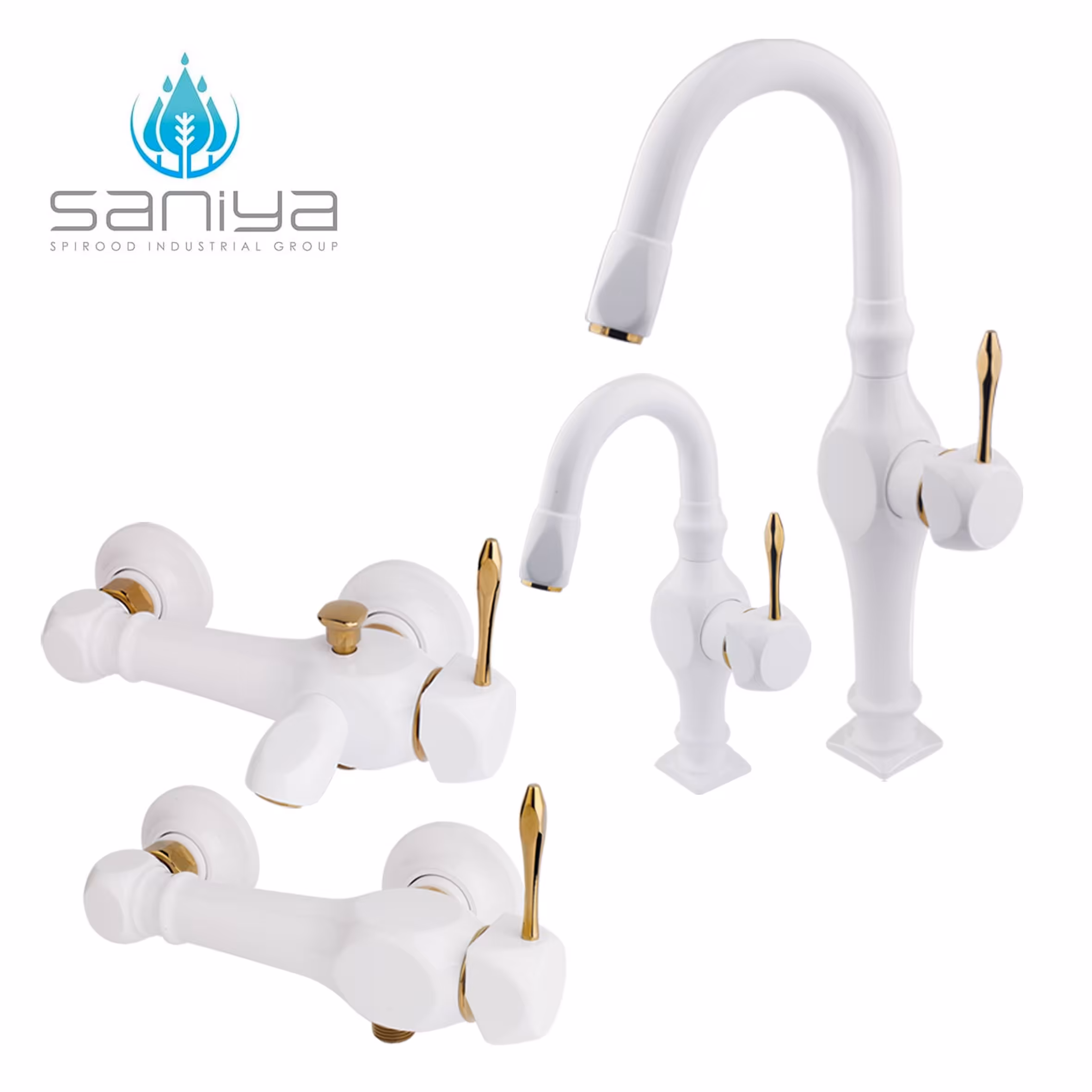 شیرآلات سانیا ست شیرآلات مدل تندیس با روشویی کوتاه علم دار سفید طلایی