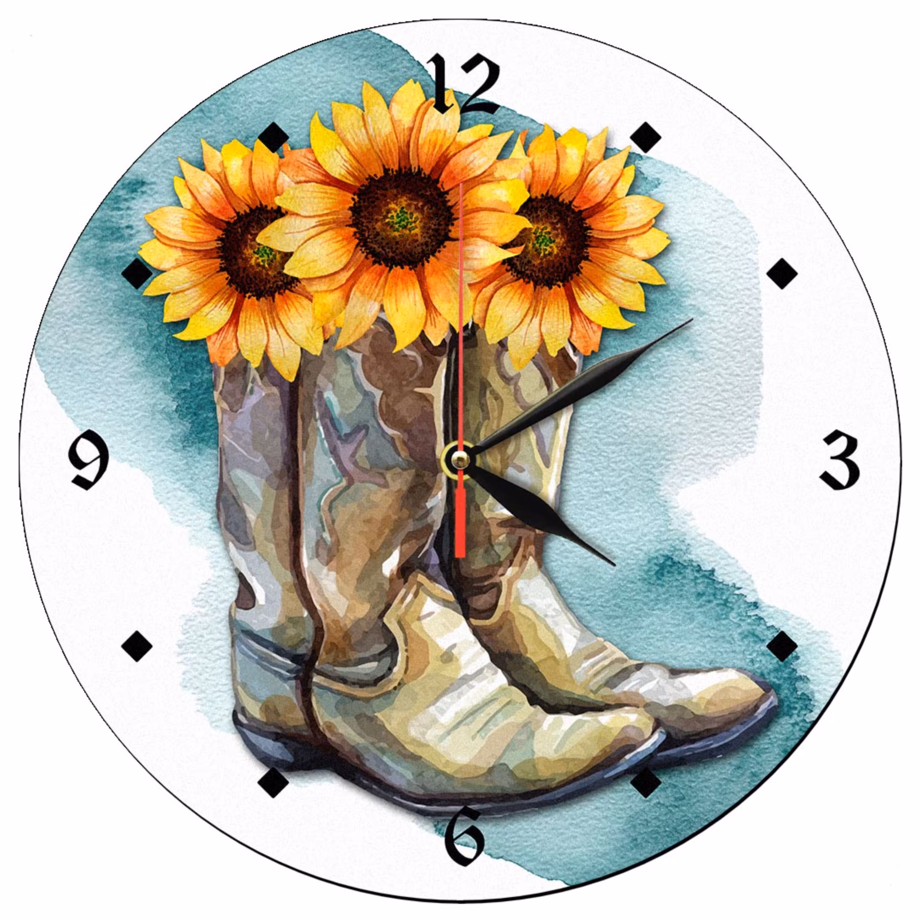 ساعت دیواری گرد مدل 1194 طرح چکمه و گل آفتابگردان سایز 30