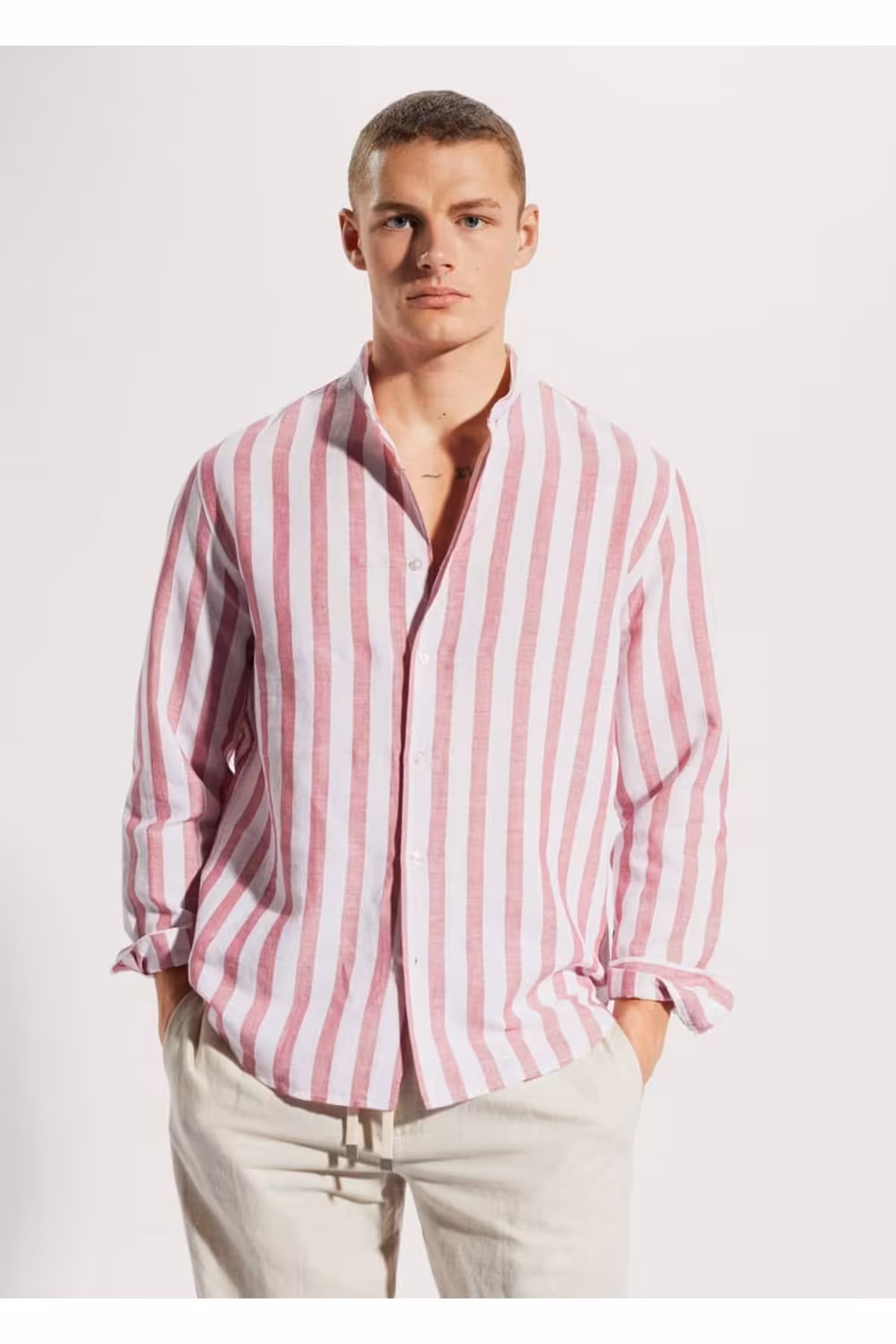 پیراهن / بلوز دکمه دار سبز مردانه کتانی راه معمولی اورجینال MANGO Man