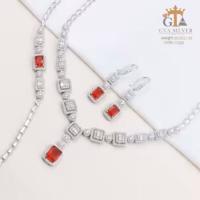 سرویس نقره تک نگین قرمز الماس تراش مستطیل شکل عیار 925 کد 11222