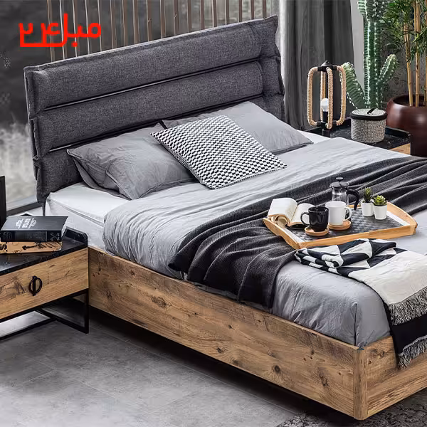 تخت خواب دو نفره تلفیق چوب و پارچه