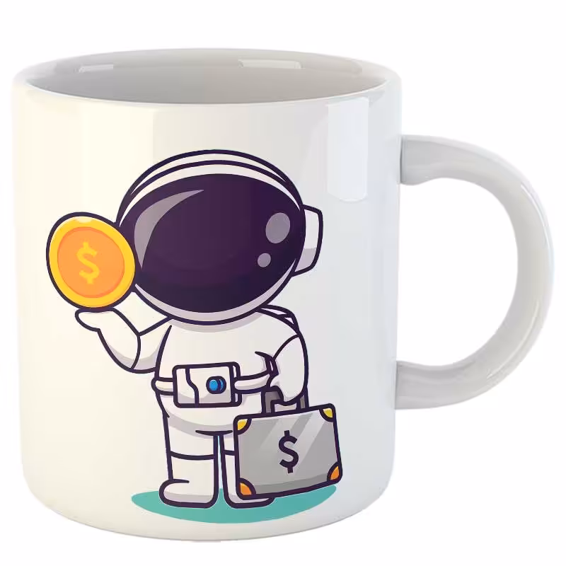 ماگ سرامیک طرح فضانورد و چمدان سکه طلا