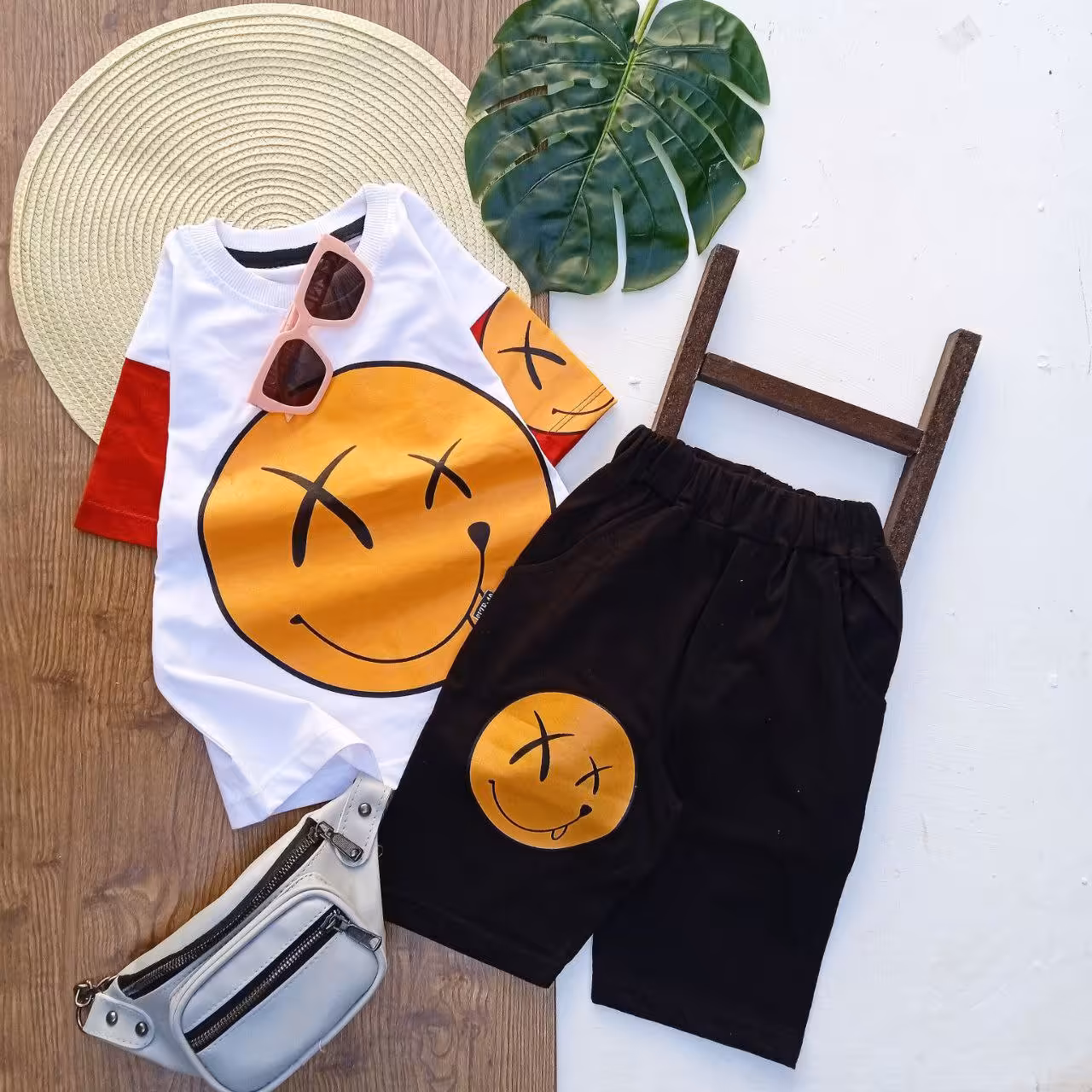 ست تیشرت شلوارک طرح استیکر اسپورت دختر و پسری مناسب ست خواهر برادری