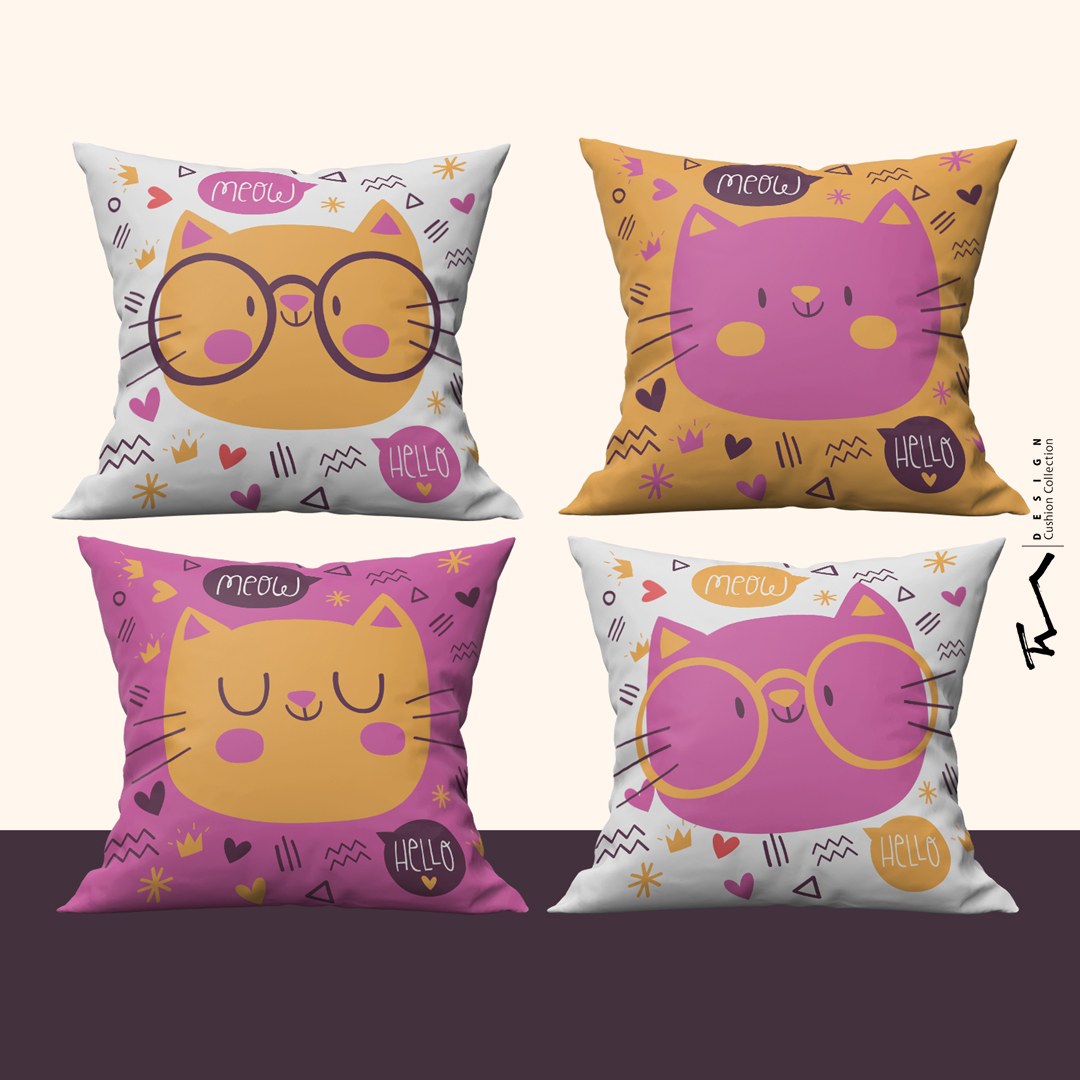 چهار عدد کاور کوسن طرح میو - دو رو مخمل پورش - 40 در 40 - زیپ مخفی