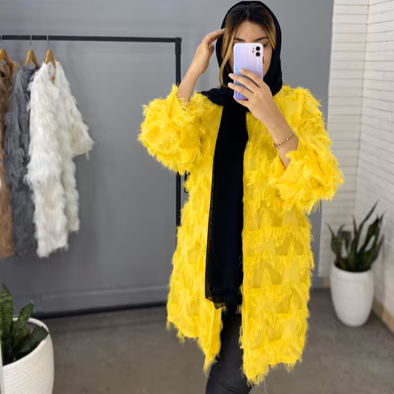 مانتو حریرریشدار رنگ خردلی سایز فری تا 42 قد 88 بسیار شیک خوش تن