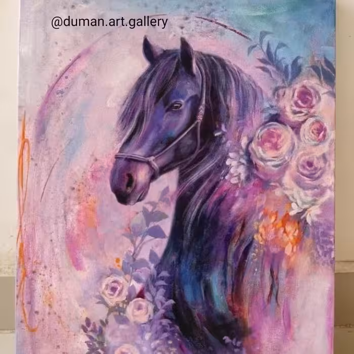 تابلو اسب بنفش کارشده روی بوم با رنگ اکریلیک. تماما نقاشی و. کار دست