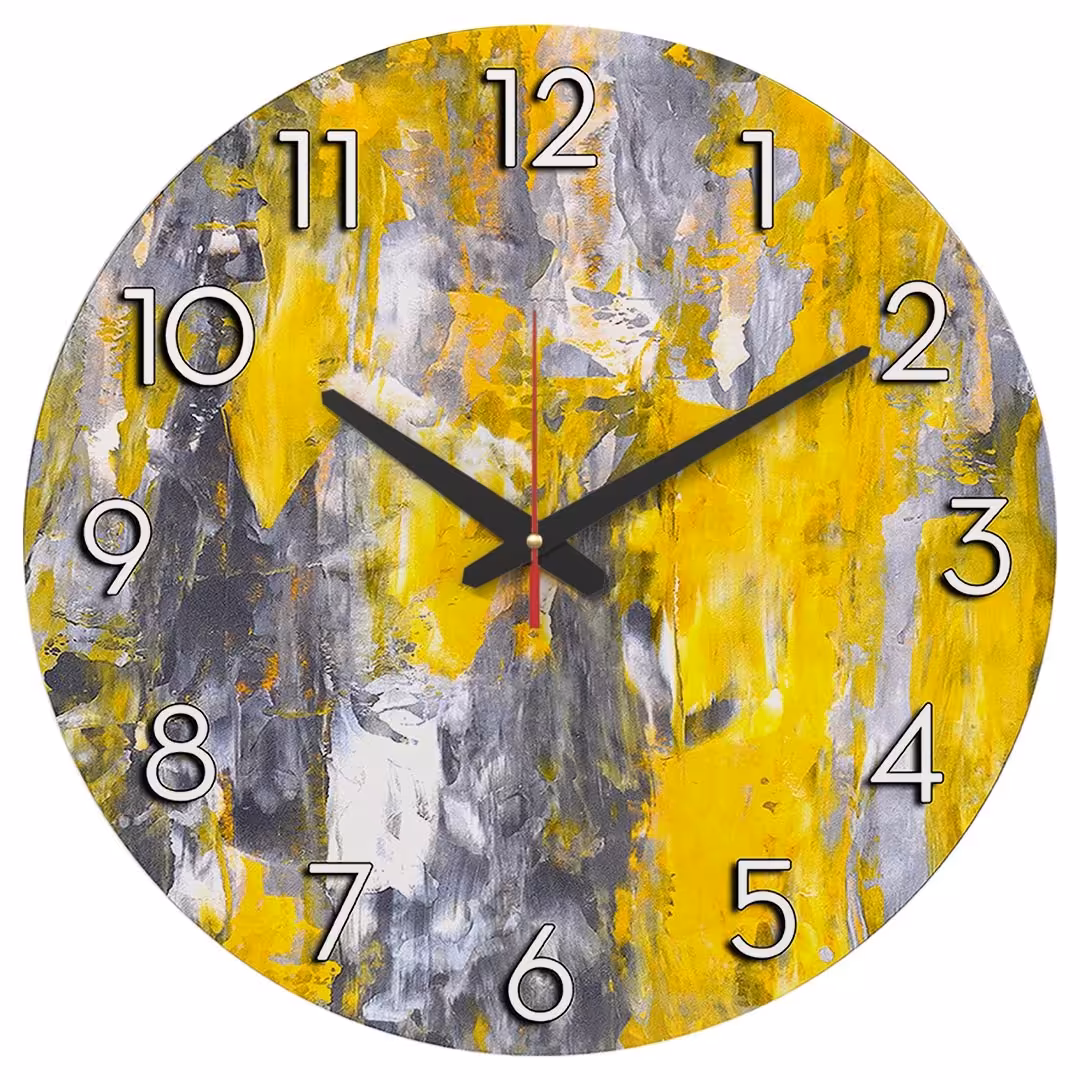 ساعت دیواری گرد مدل 1235L طرح انتزاعی دو رنگ زرد و خاکستری قطر 40 سانتیمتر