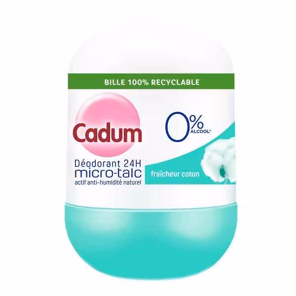 مام رول ضد تعریق ارگانیک میکرو تالک کادوم CADUM گل پنبه حجم 50 میل | بدون الکل، نمک آلمینیوم، عطر، پارابن