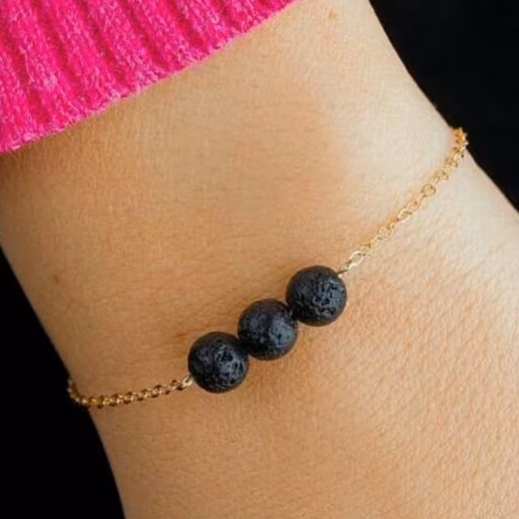 دستبند سنگ لاوا و زنجیر استیل