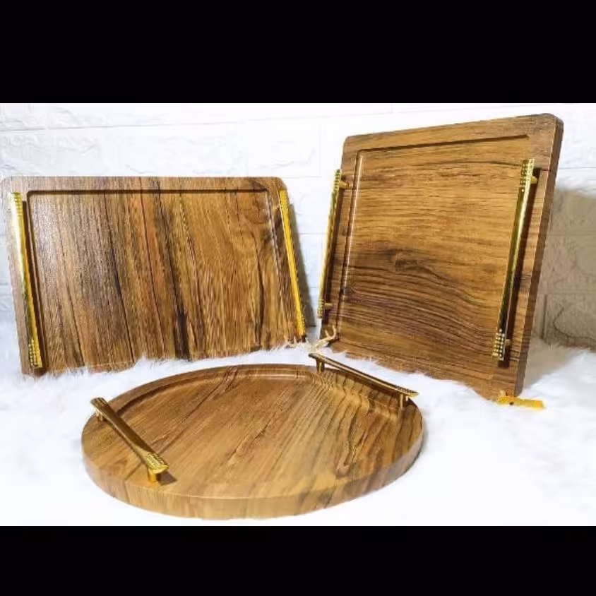 سینی وکیوم - در سه مدل گرد و مربع و مستطیل - دسته طلایی مناسب برای  پذیرایی - طرح چوب - قیمت مربوط به هریک عدد میباشد. 