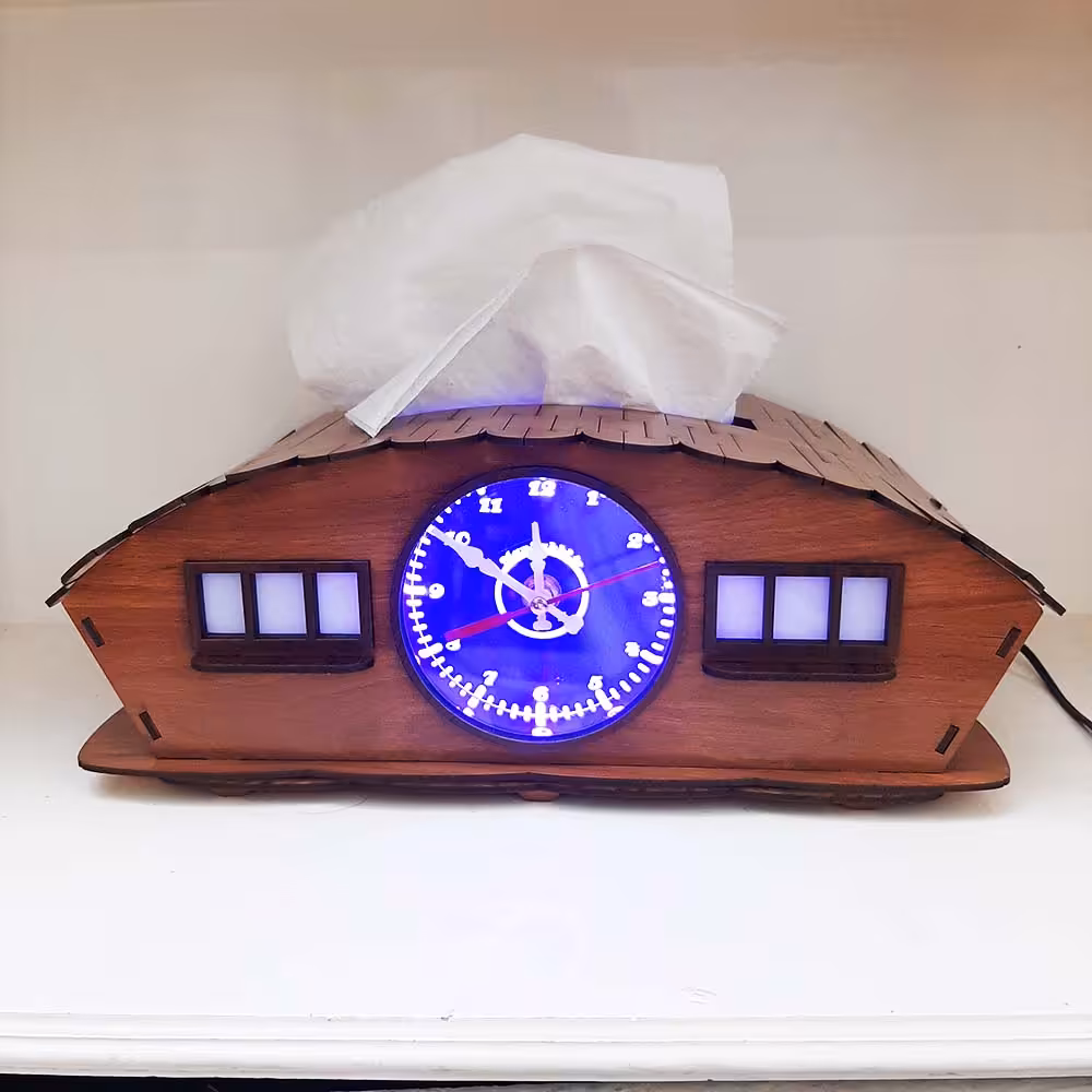 جعبه دستمال ساعت دار چراغ خواب طرح کلبه