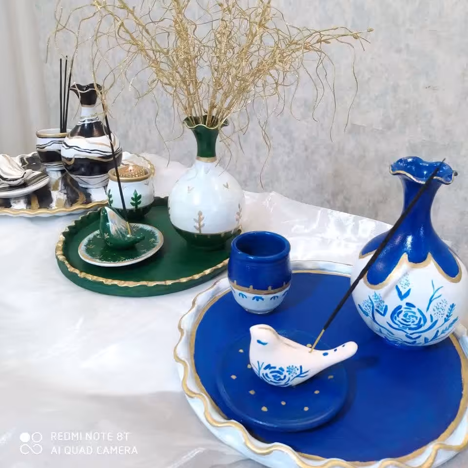 ست رومیزی سفالی آبی  رنگ پک کامل