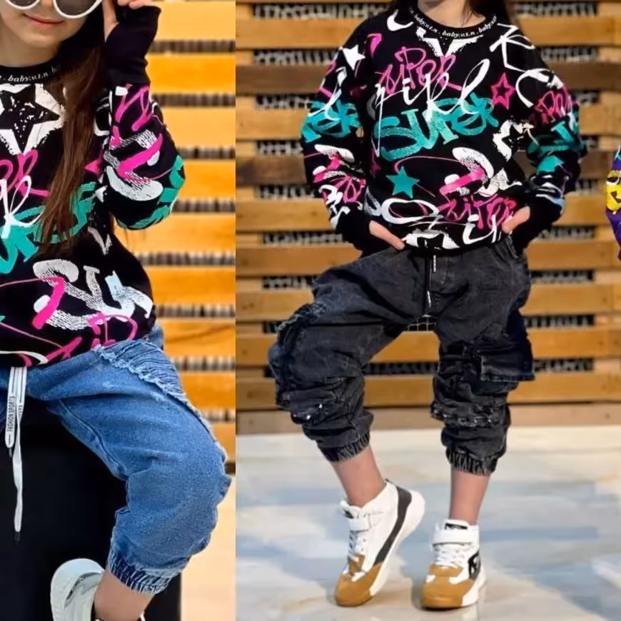 بلوز اسپرت آستین انگشتی کیفیت تضمینی تک رنگ مشکی جس دورس دو نخ ماسب4 تا 11 سال 