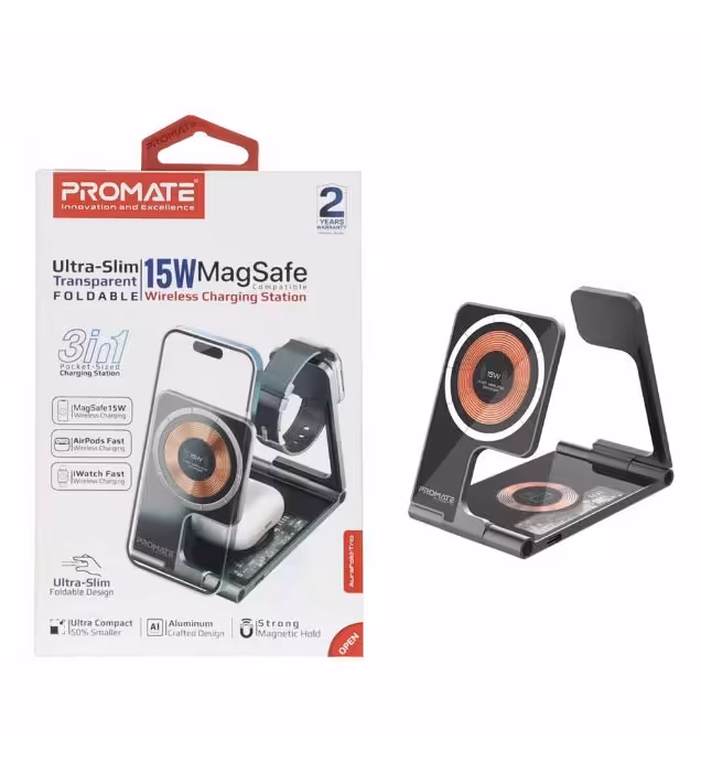 شارژر وایرلس سه کاره پرومیت مدل AuraFold-Trio