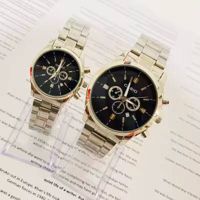 ست ساعت کاسیو طرح سه موتور بند استیل صفحه مشکی