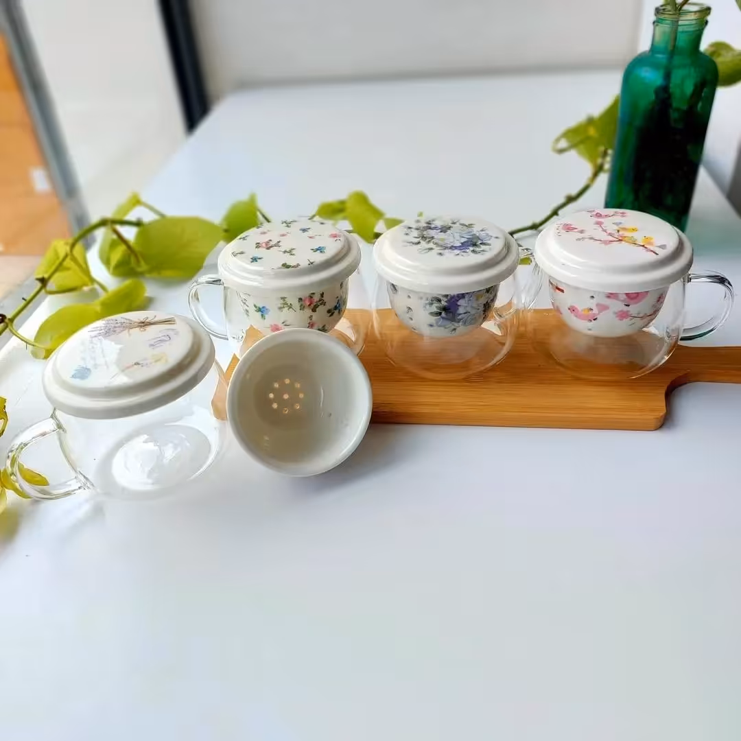 لیوان دمنوش ساز  پیرکس خارجی اصل با درب و صافی سرامیکی مقاوم در برابر حرارت