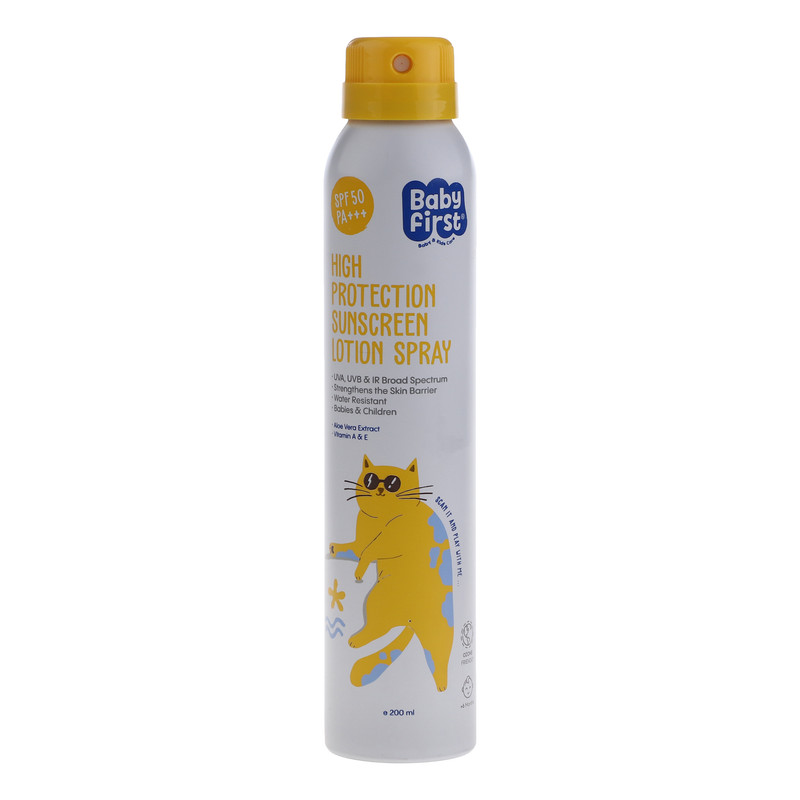 اسپری ضد آفتاب بدون رنگ بیبی فرست SPF 50 مدل پروبیوتیک محافظت کننده در برابر اشعه UVB,UVA با PA مناسب پوستهای معمولی حجم 200 میلیلیتر