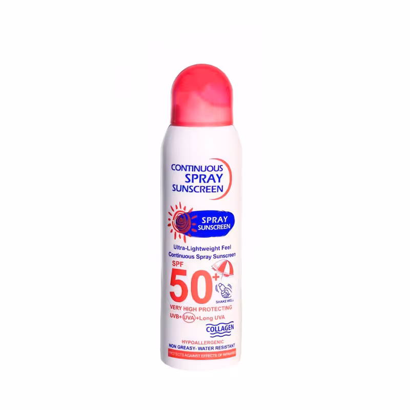 اسپری ضد آفتاب بی‌رنگ وکالی، SPF 50، مدل 001، مناسب انواع پوست چرب با حجم 235 میلی‌لیتر، محافظت‌کننده در برابر اشعه‌های UVA و UVB، ضد آب و مرطوب‌کننده، روشن‌کننده، ضد لک و پیری، دارای فرمولاسیون فاقد چربی، کلاژن، ویتامین‌های C و E، با ماندگاری 2 ساعته