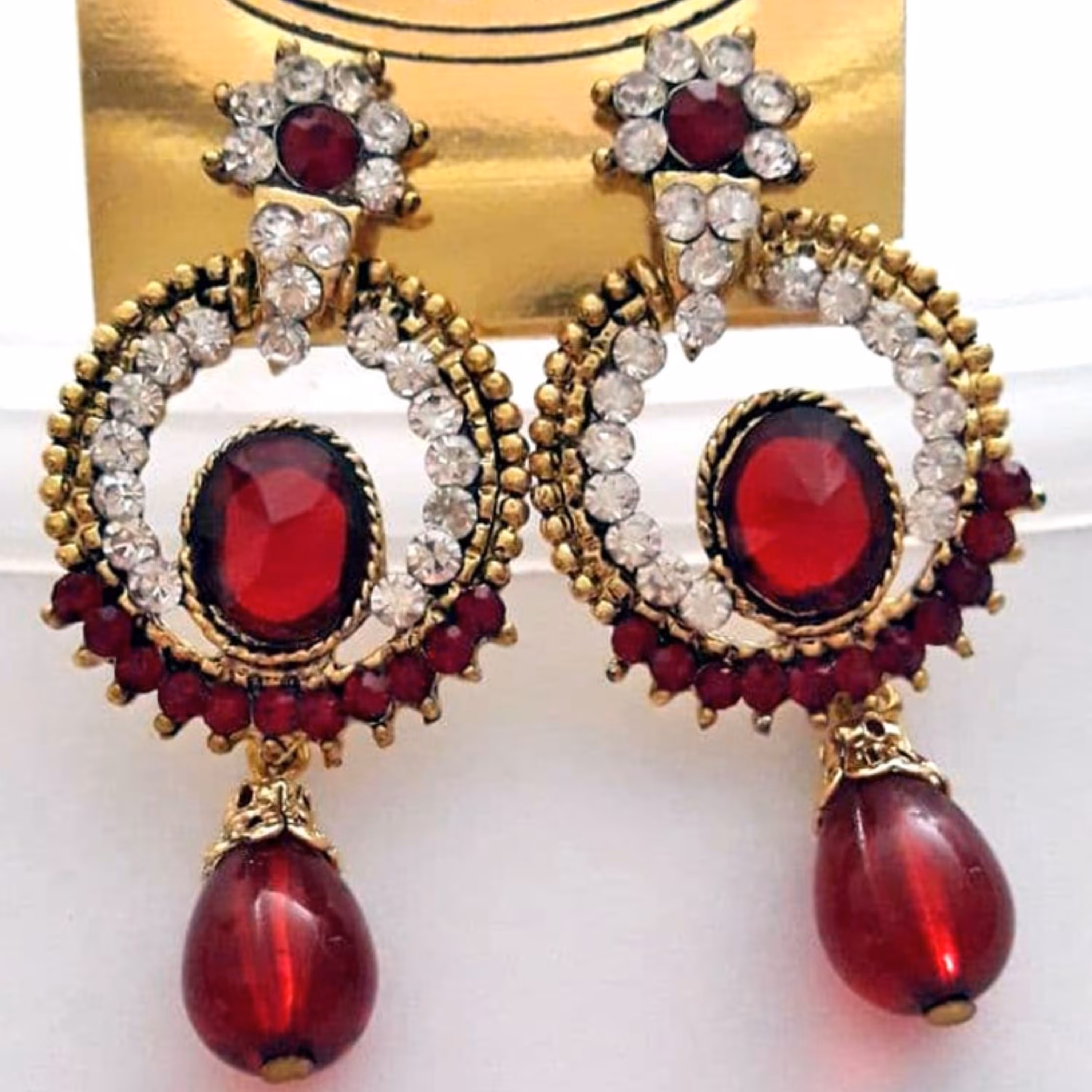 یک جفت گوشواره هندی نگین دار - زرشکی - طرح 8