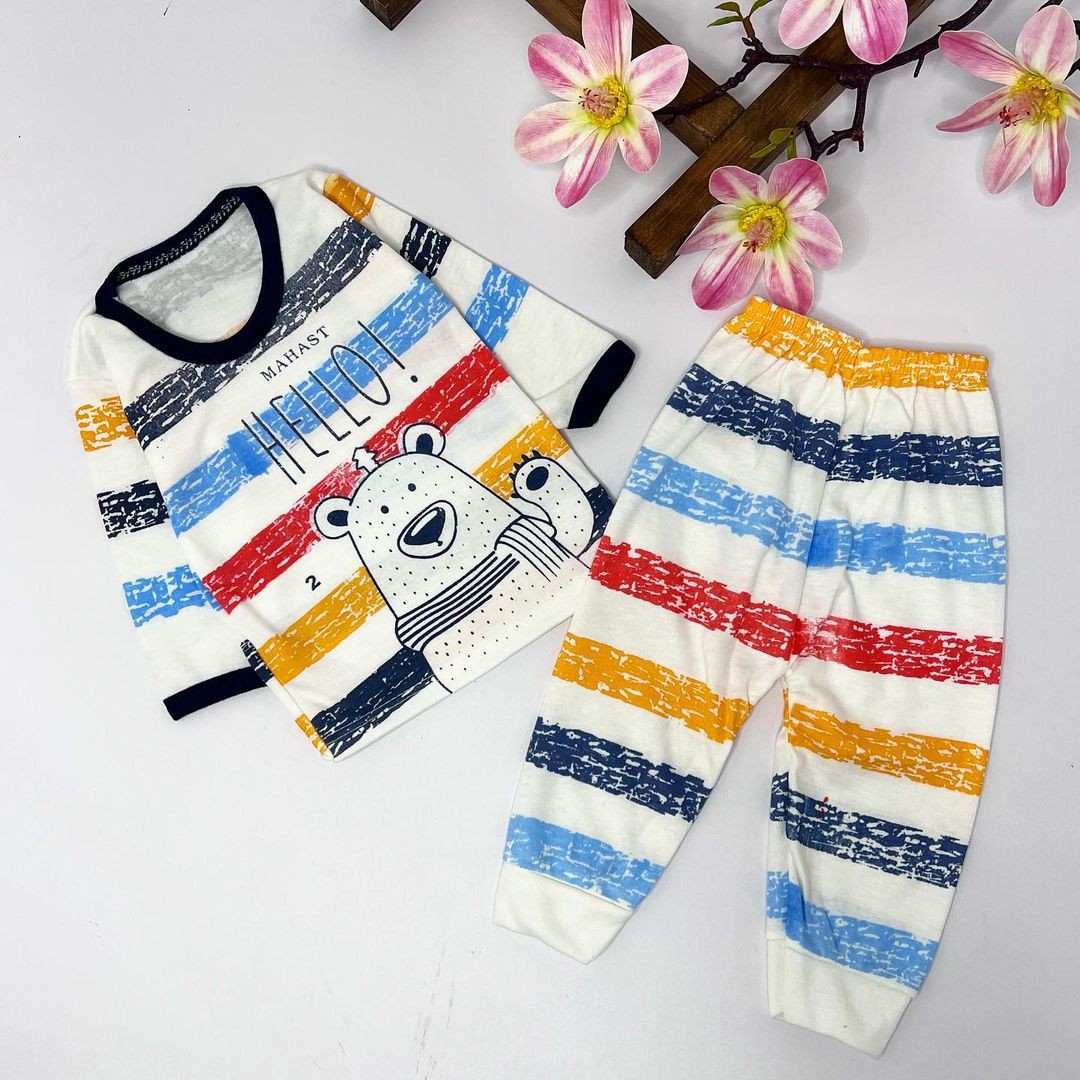 بلوز شلوار خرس راه راه رنگی نوزادی،جنس نخی، سایز 1،2