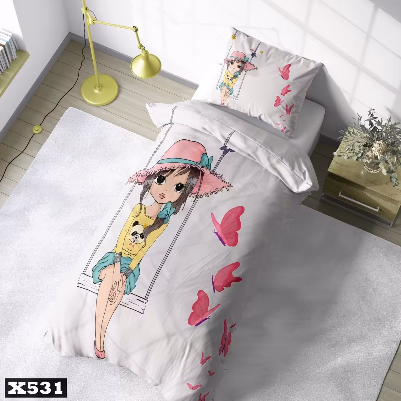 روتختی تکنفره طرح دختر تاب سوار برواگالری با جنس نخ پنبه و کیفیت و دوخت درجه یک