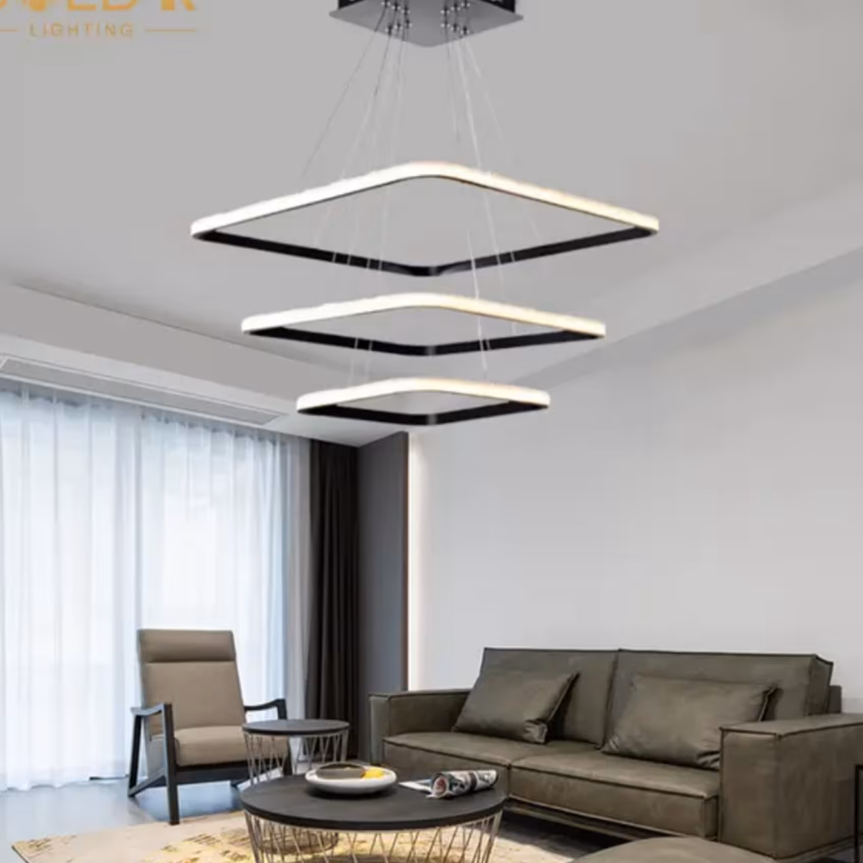 لوستر سه حلقه مربع vip هشت حالت نوردهی و ریموت کنترل هوشمند و اپلیکیشن موبایل(ارسال رایگان)