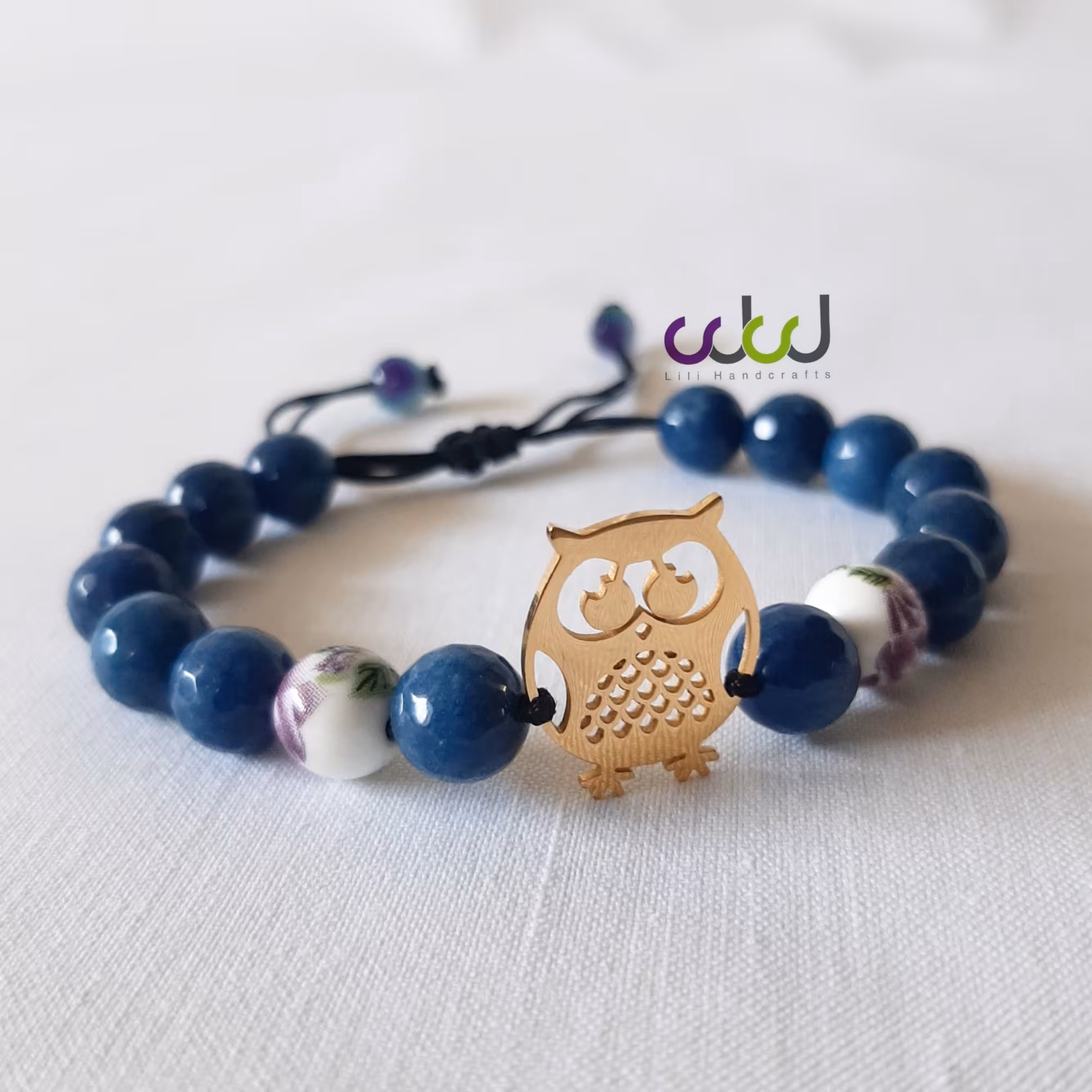 دستبند سنگ جید و پلاک استیل جغد