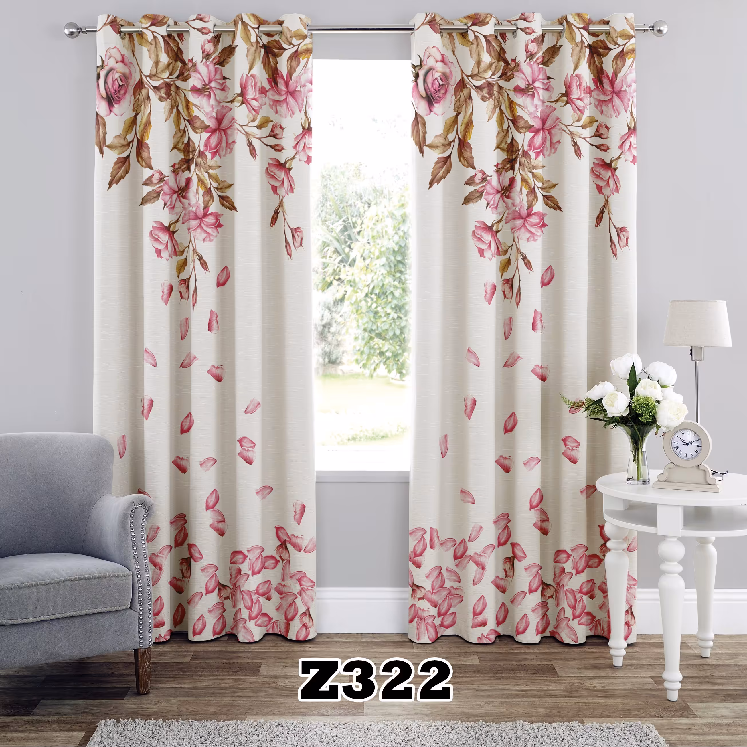 پرده اتاق خواب طرح شکوفه کد Z322 تک قواره ارتفاع 300 عرض 140 سانت