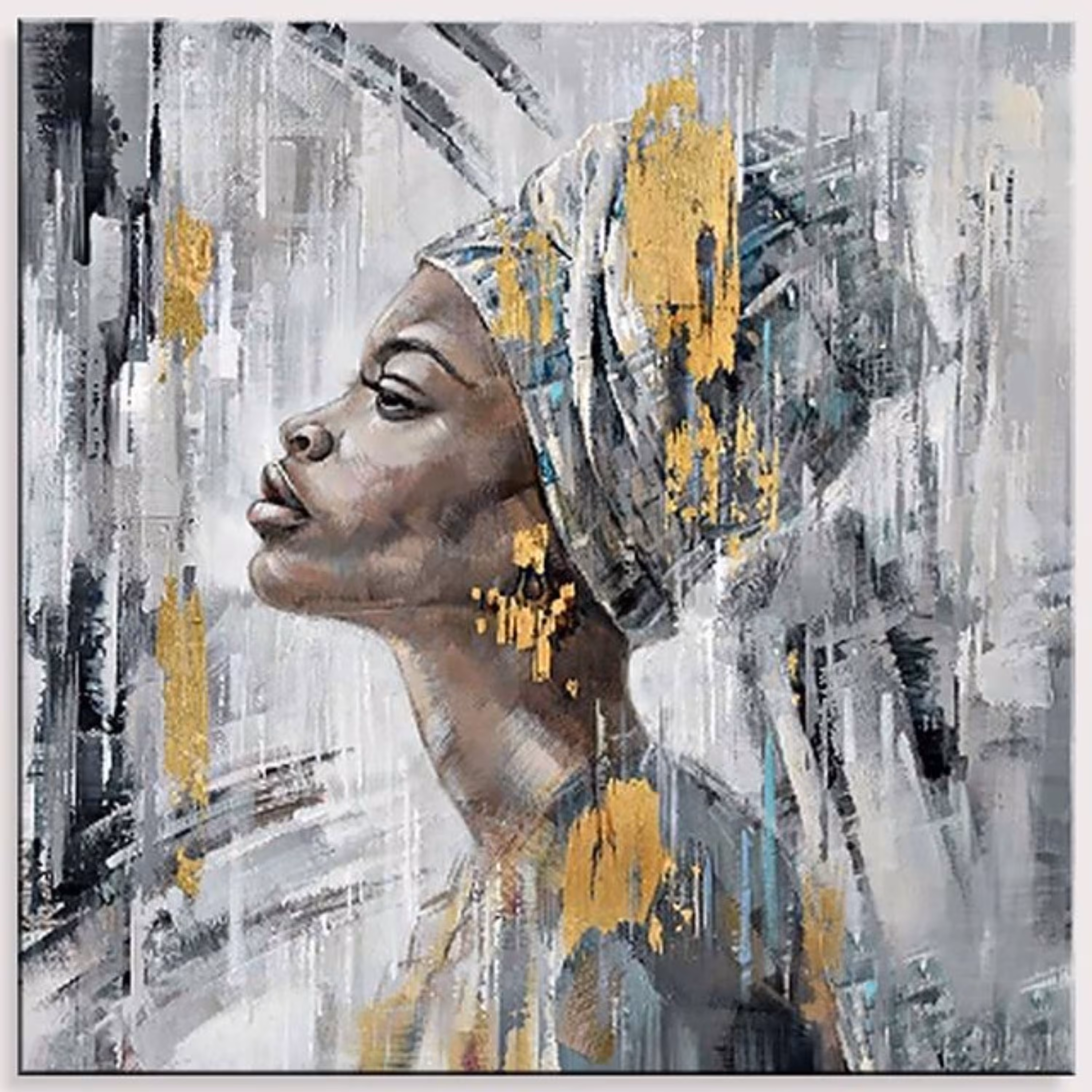 تابلو پرتره زن آفریقایی اجرا با رنگ اکرلیک و ورق طلا در ابعاد 50 در 70بوم معمولی
